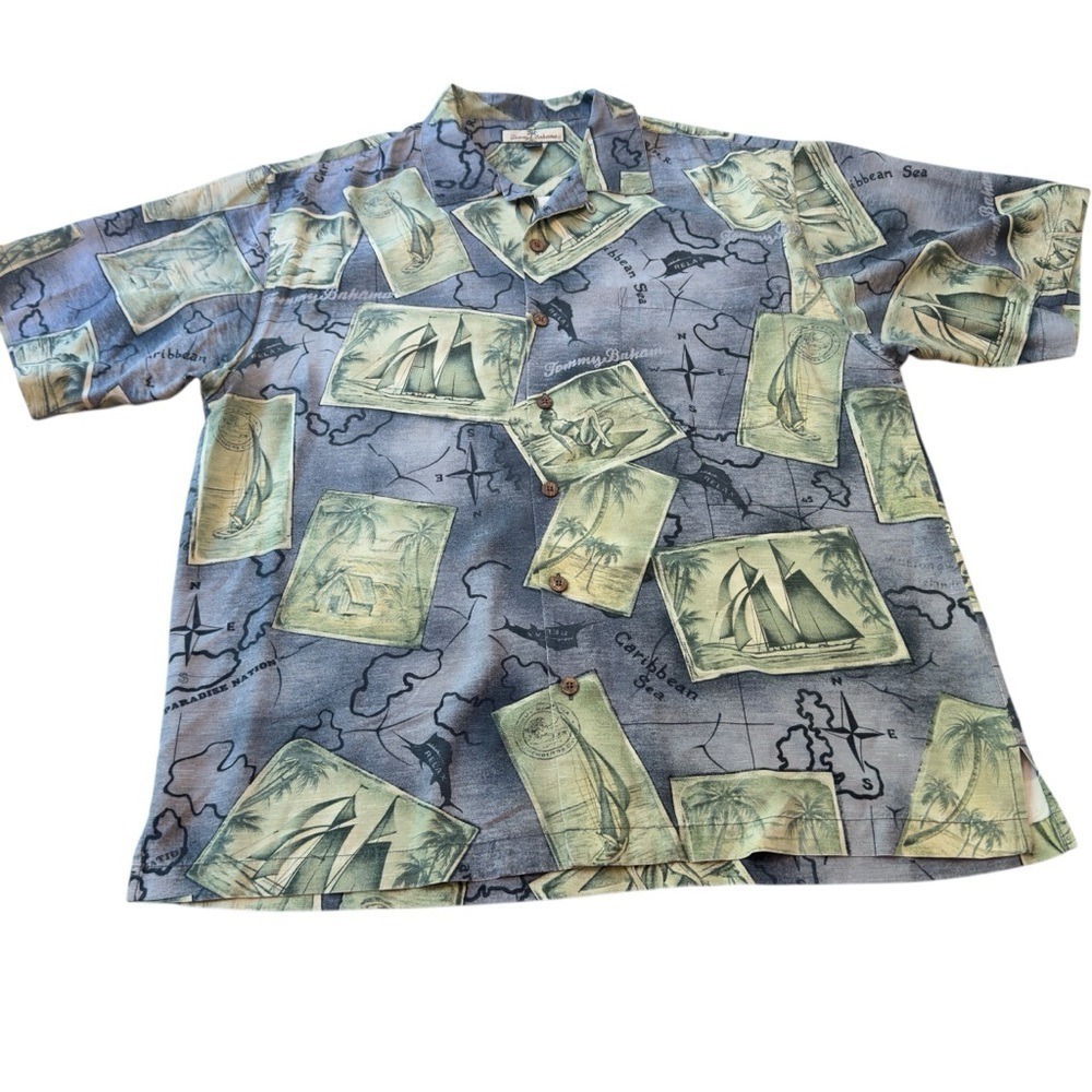 Tommy Bahama Blue Silk Hawaiian Camp Shirt Men's Large Tropical Resort Aloha EUC - Picture 8 of 16